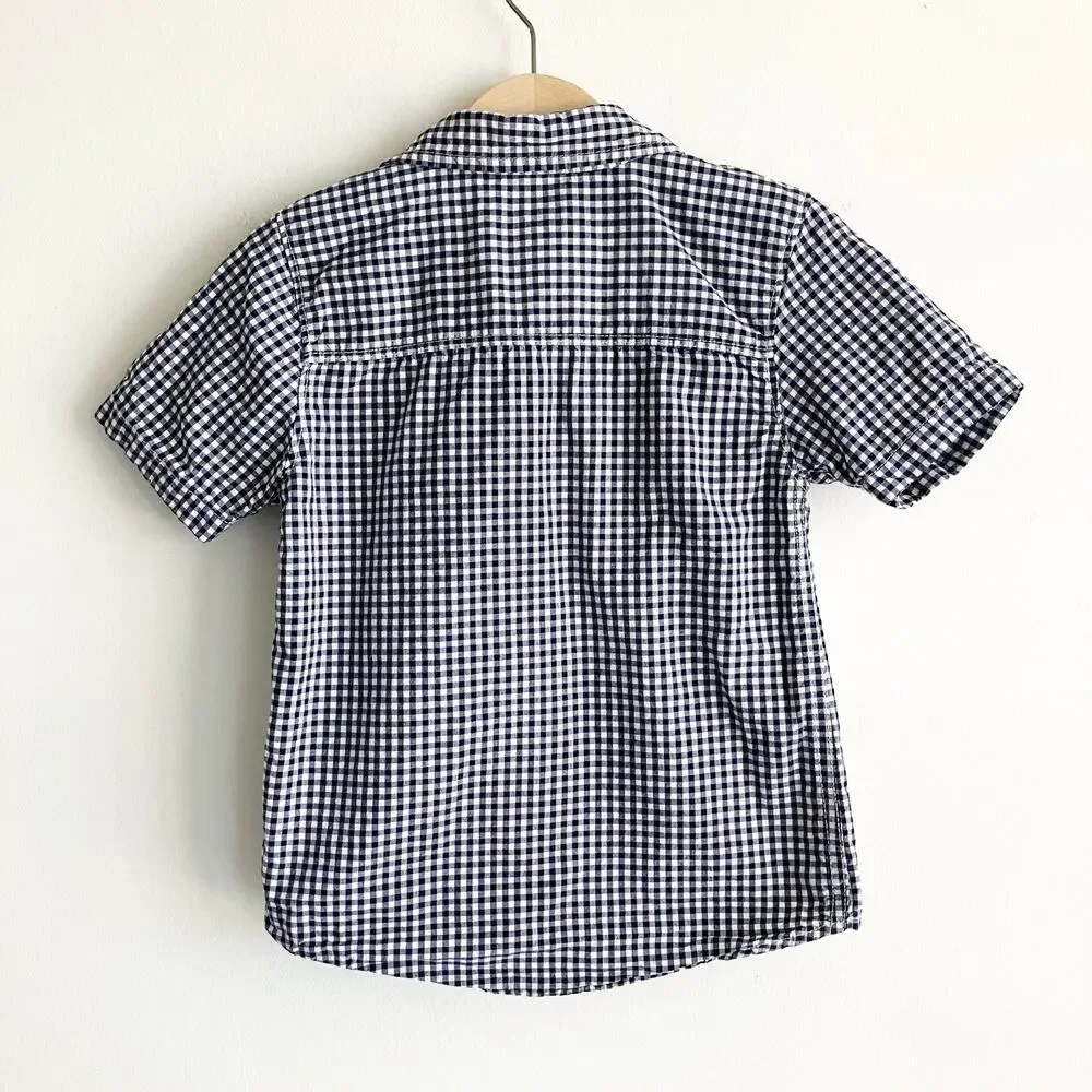 OshKosh Bgosh Gingham Shirt Boys Sz 5T Button Front Short Sleeve Navy Blue 5